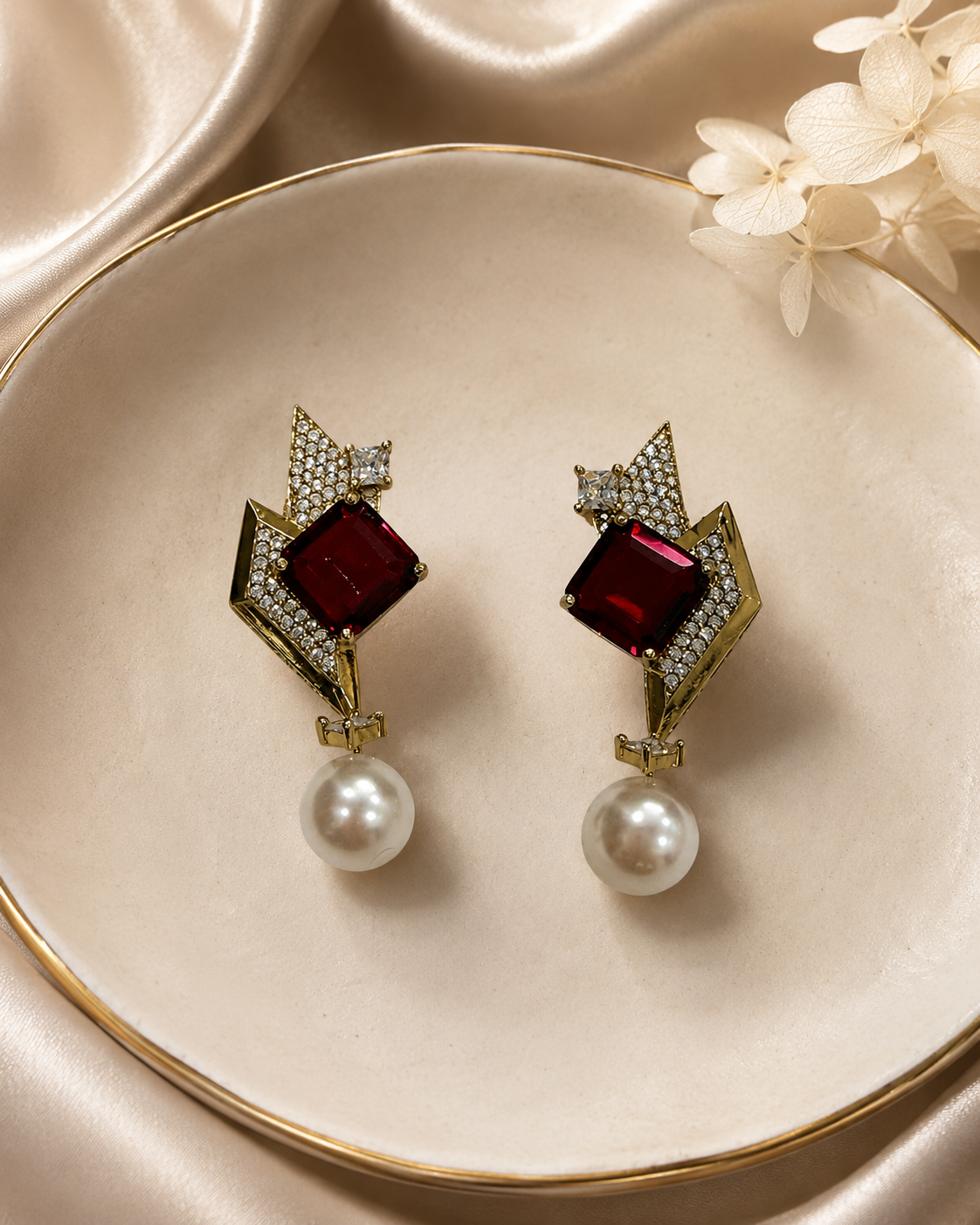 Red Stone Pearl Drop Earrings(E-21) - Image 5