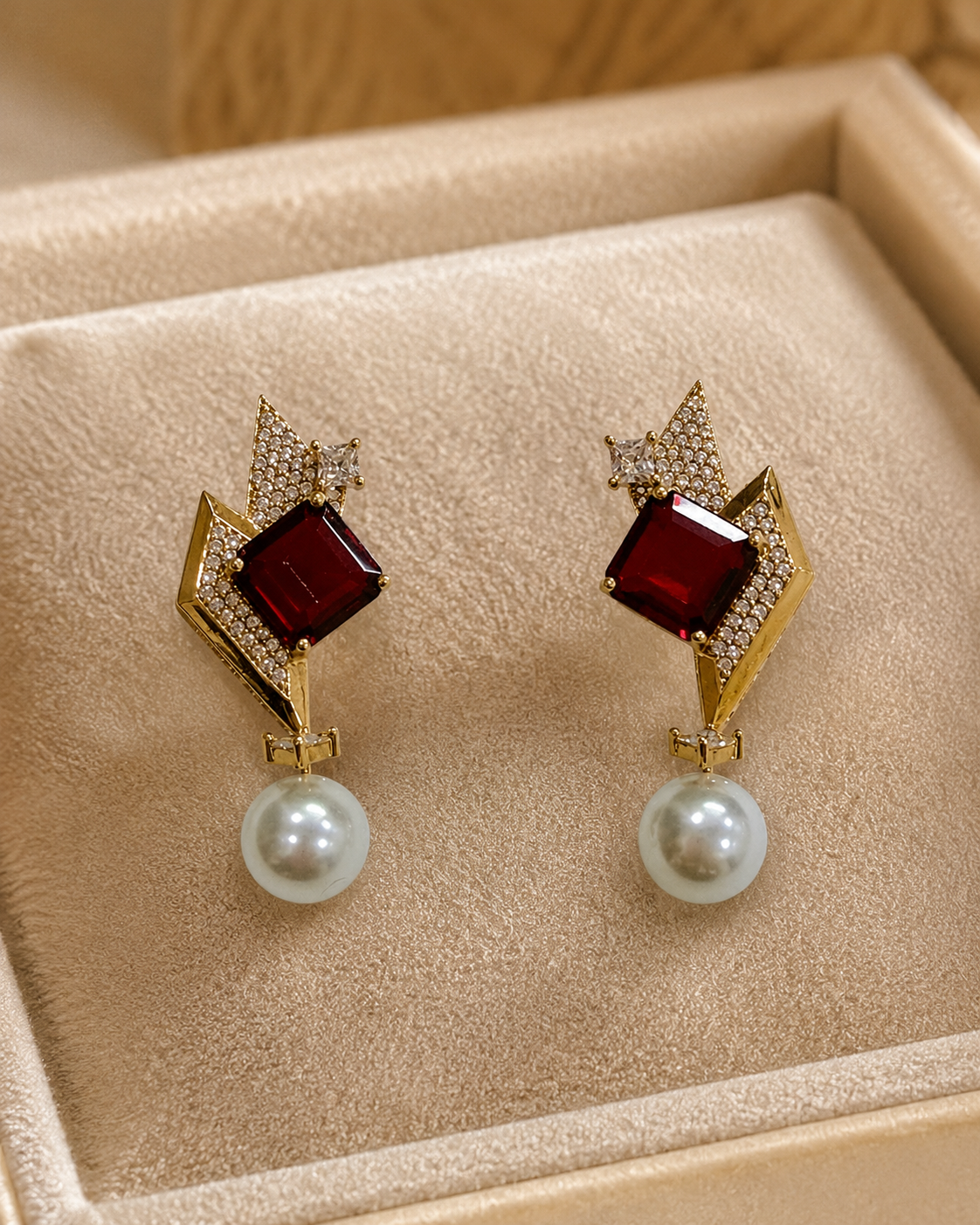 Red Stone Pearl Drop Earrings(E-21) - Image 3
