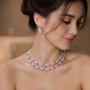 Pink CZ Double-Layer Necklace Set