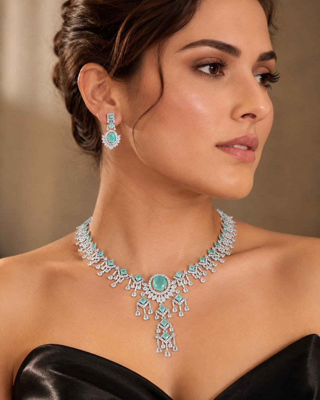 Aqua Green CZ Statement Necklace Set