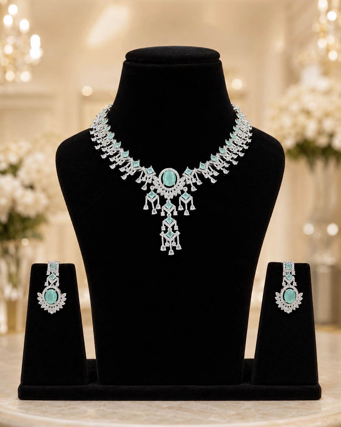 Aqua Green CZ Statement Necklace Set - Image 2