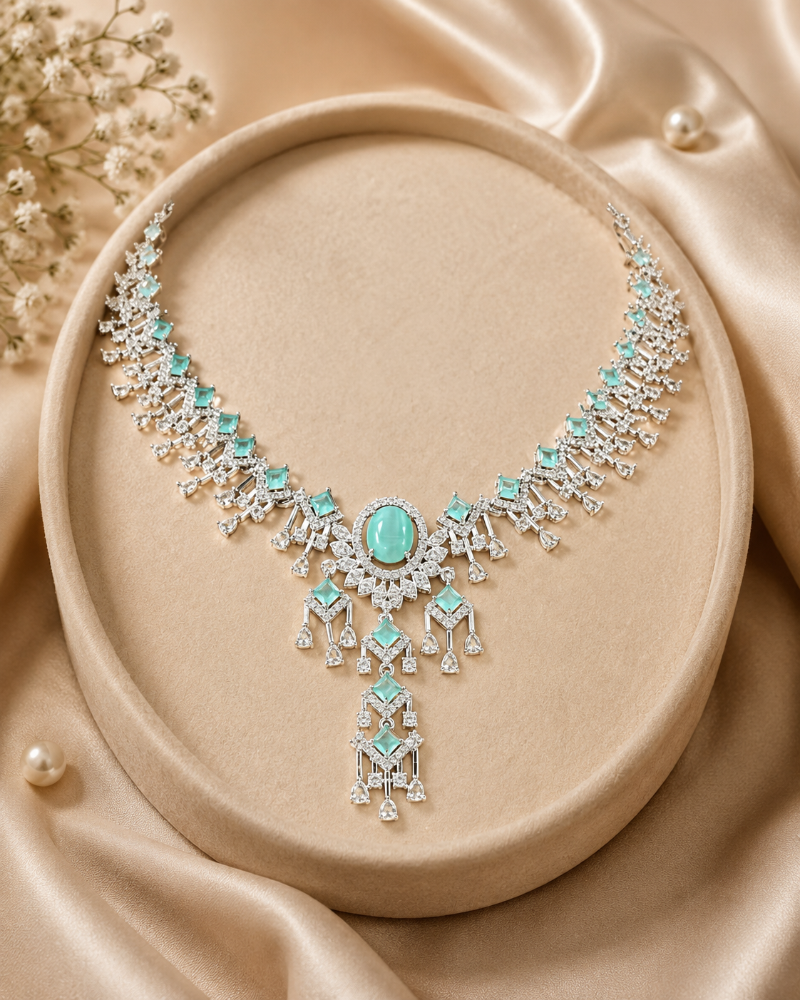 Aqua Green CZ Statement Necklace Set - Image 3