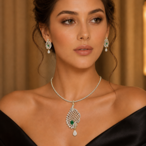 Emerald Green Oval Filigree Pendant Set(J-41)