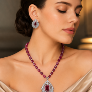 Ruby Red Beaded Statement Pendant Necklace Set(J-43)