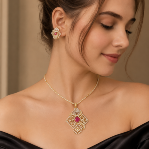 Ruby Pink Geometric Pendant Set(J-46)