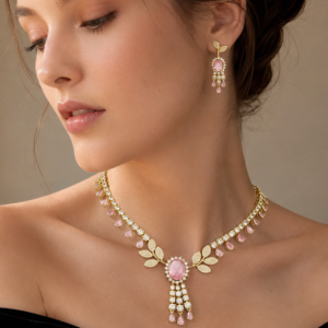 Blush Pink Crystal Leaf Necklace Set(J-52)