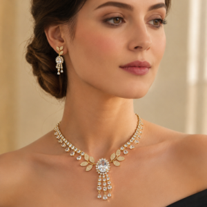 Gold-Tone Crystal Leaf Motif Necklace Set(J-53)