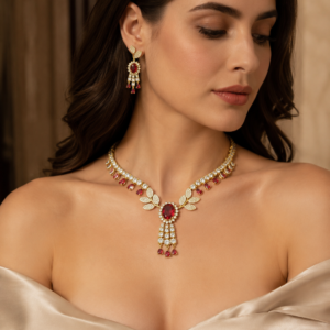 Ruby Red Leaf Motif Necklace Set(J-54)