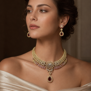 Ruby Drop Gold-Tone Choker Necklace Set(J-60)
